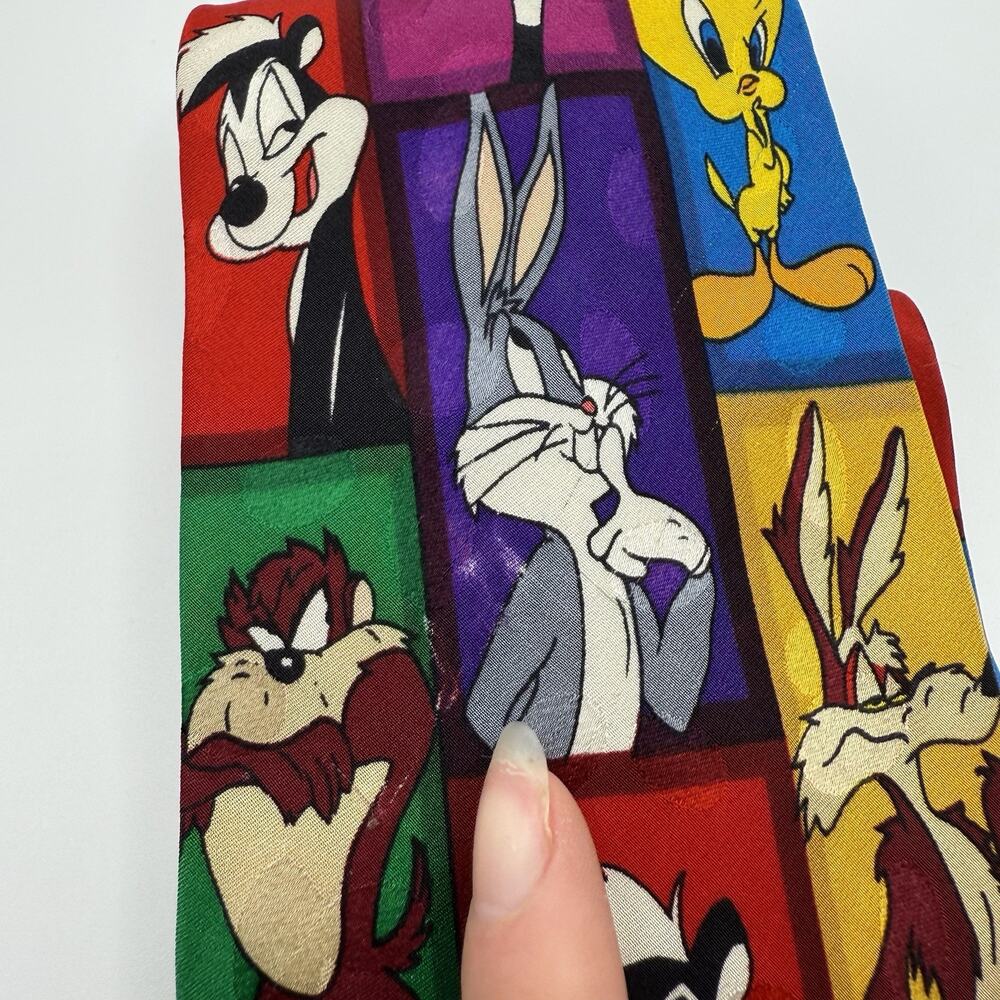 Looney Tunes Tie Silk Colorblock Bugs Bunny, Tasmanian Devil, 90s Y2k Fun Quirky - Picture 6 of 9